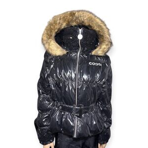 COOGI women’s Shiny Black Jacket with Faux Fur Trim size L